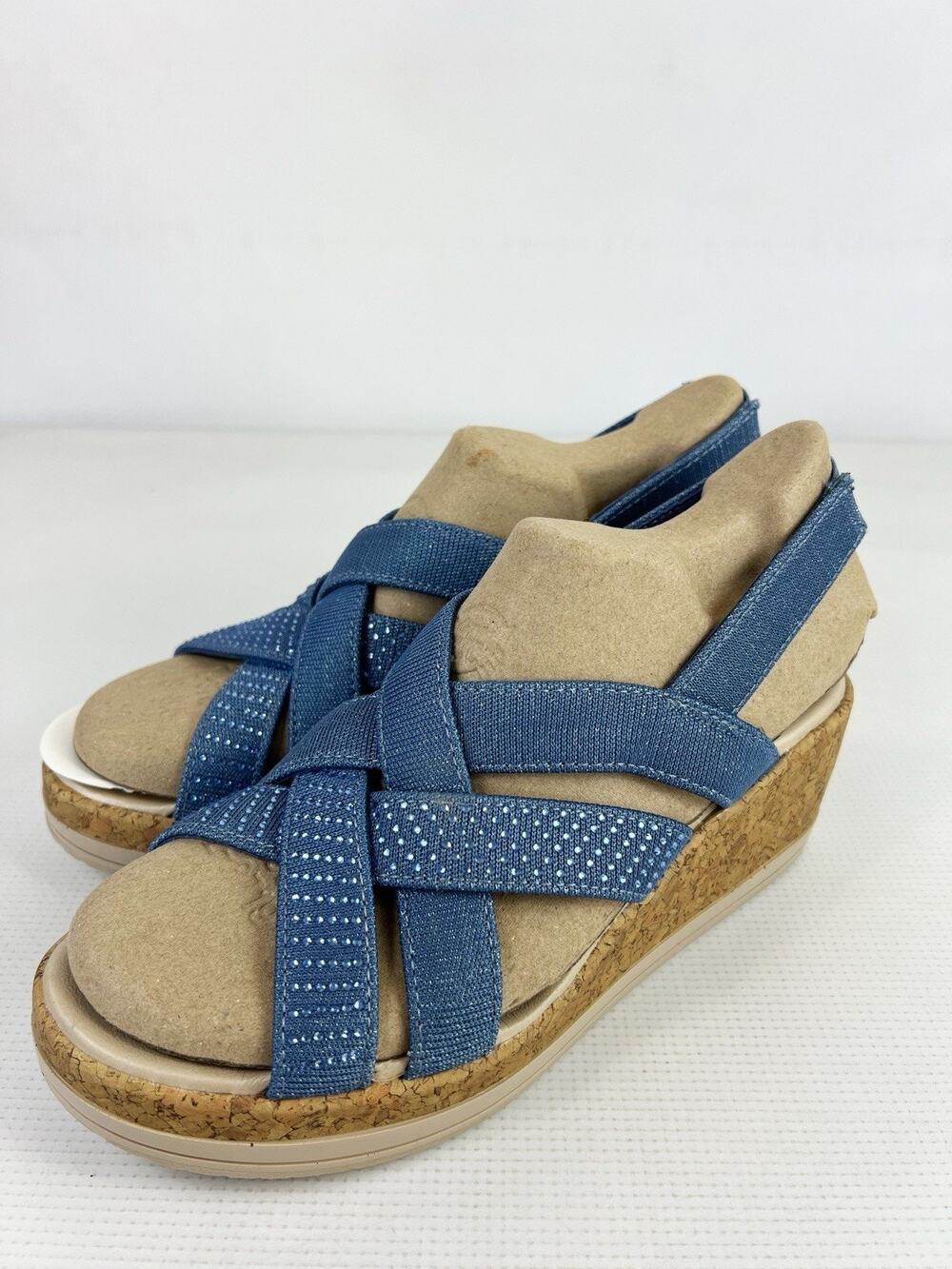 Bzees Ritz Sparkle Machine Washable Cork Wedge Sandal Blue Women’s Size 8 Wide